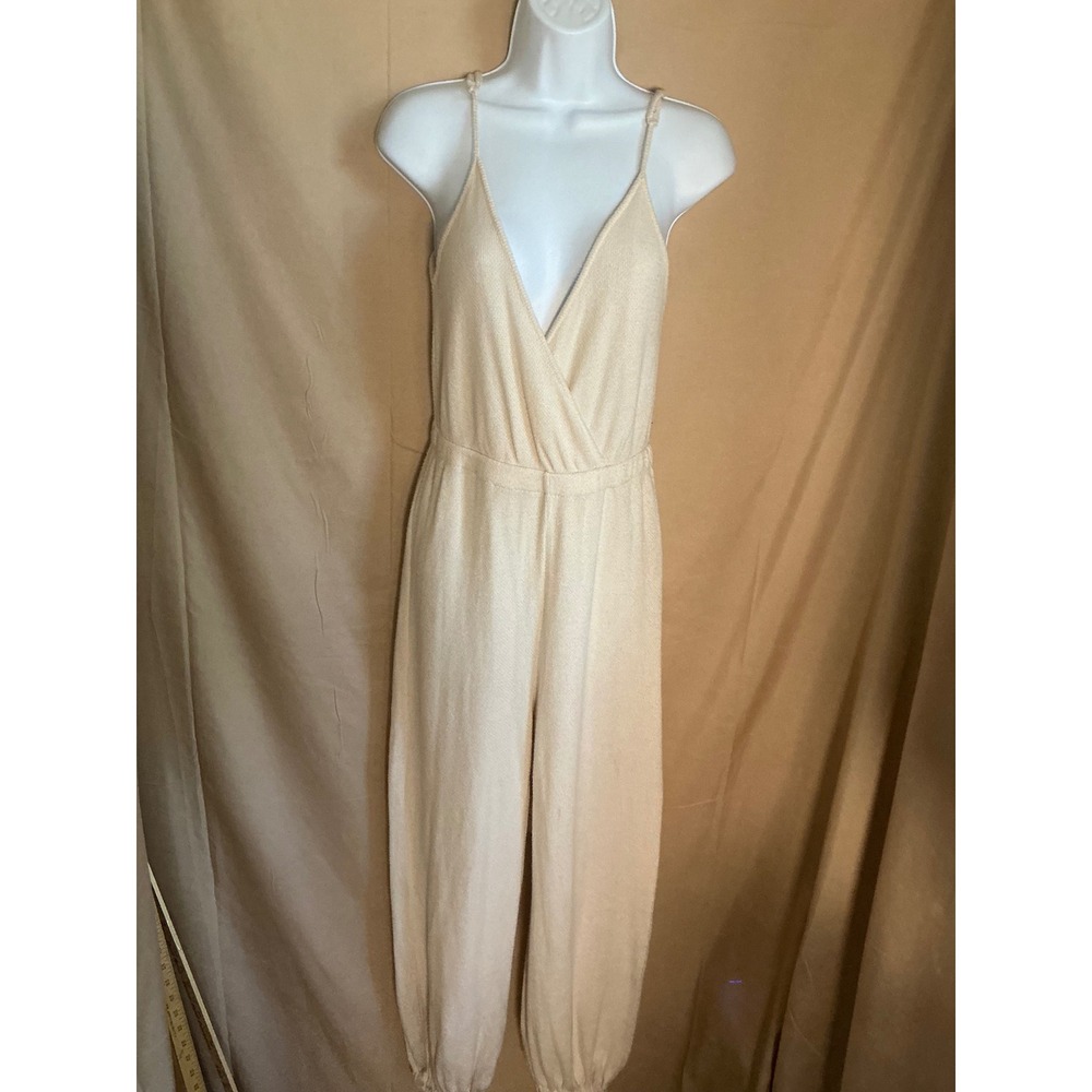 Unbranded Knit Jumpsuit Women Small Cream Good Surplice V-Neck Jogger Loungewear